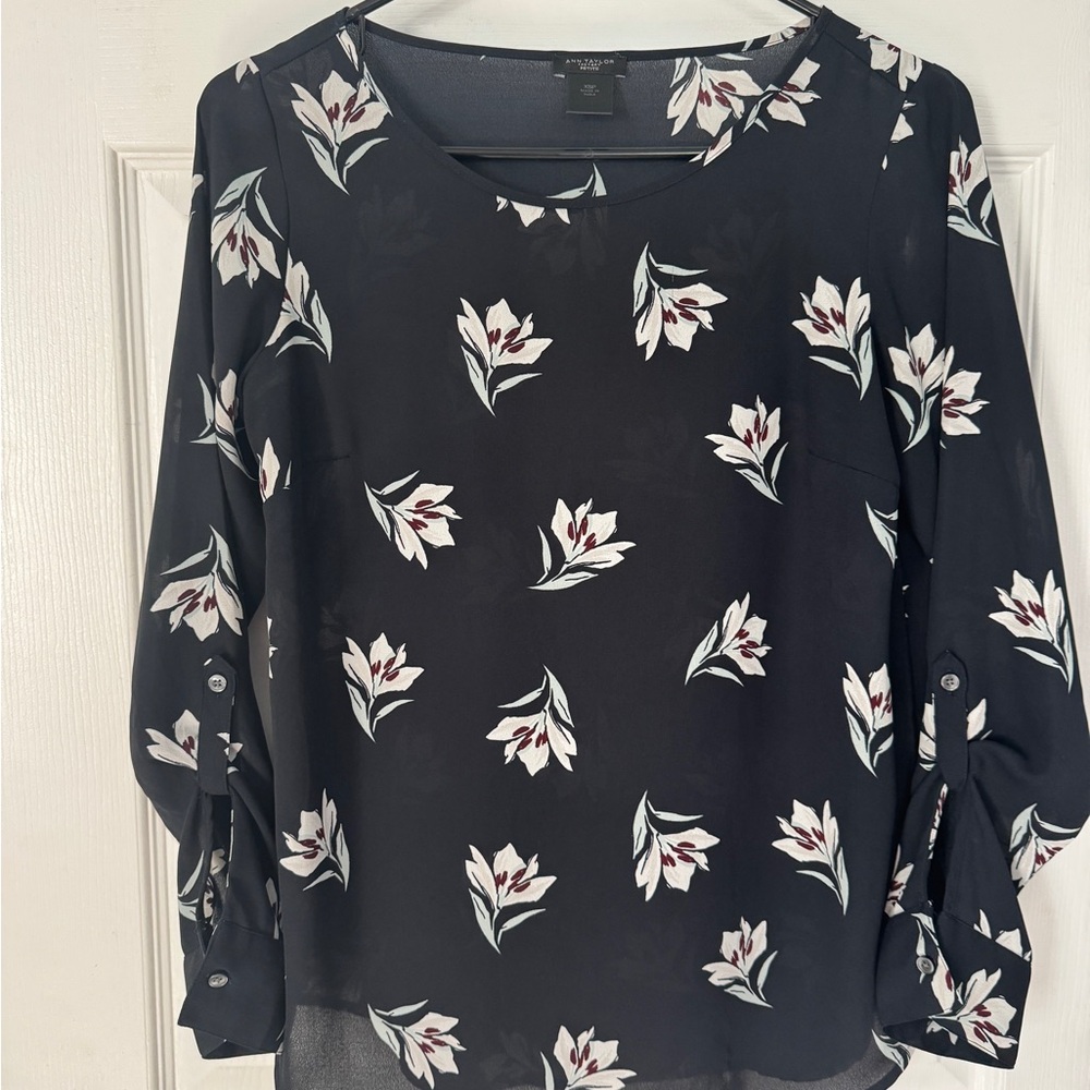 Ann Taylor Navy Blue Floral Blouse